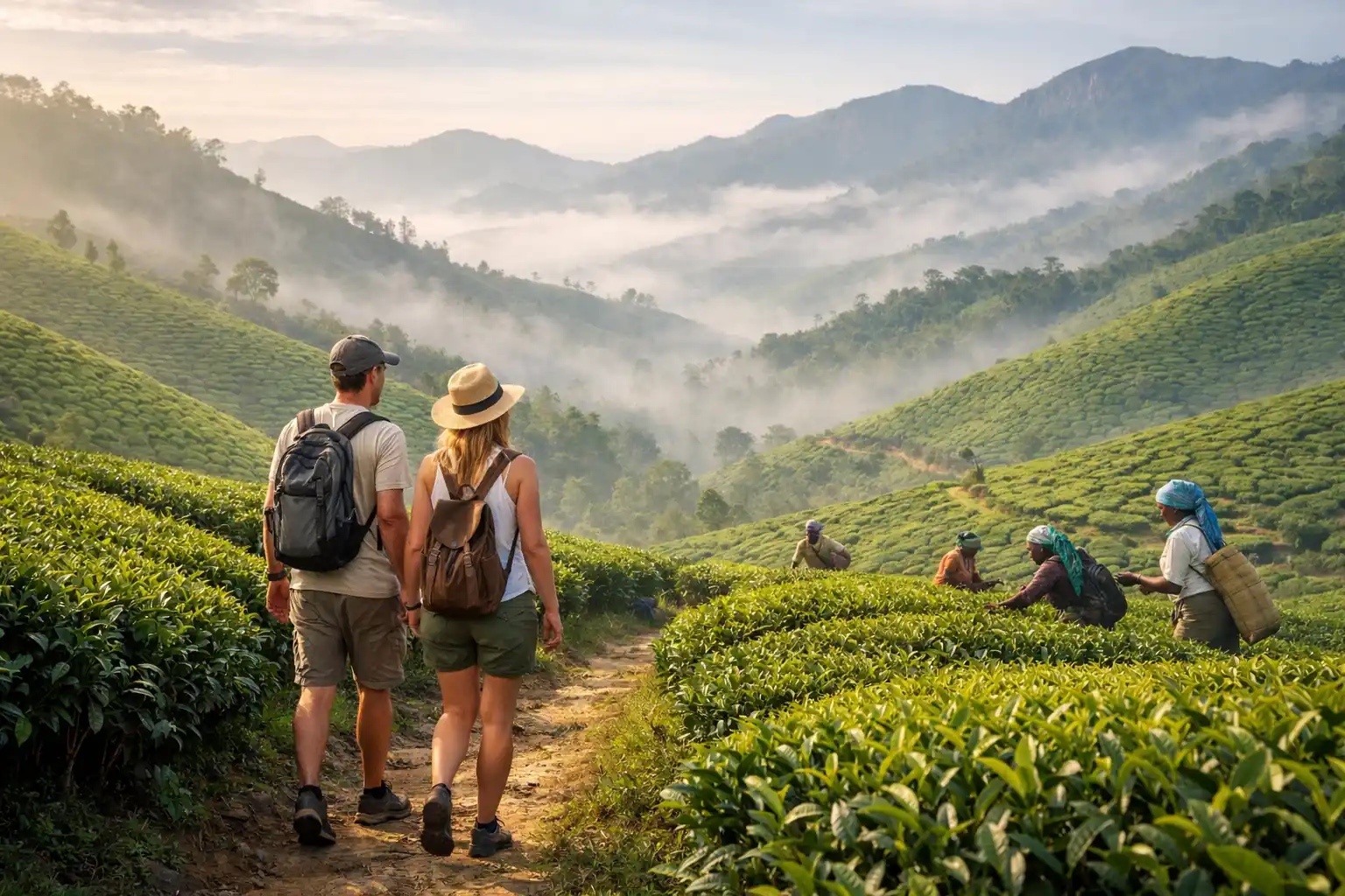 Viajeras recorriendo las plantaciones de té de Munnar